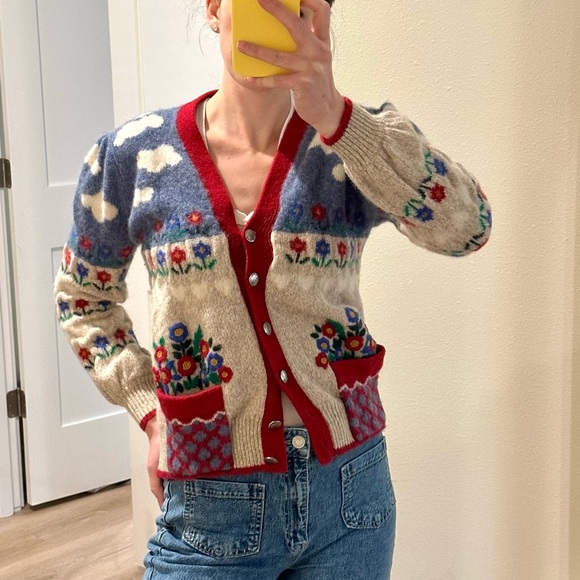 Cottagecore Folk Floral Wool Cardigan Sweater | Heirloom Alpine Sweater size S - Picture 1 of 9